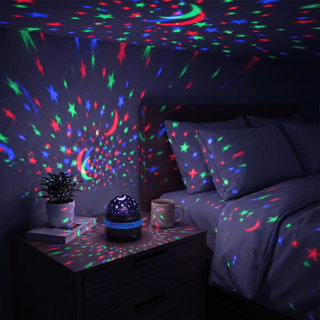 Starry sky projector scattering coloured stars across a dark bedroom
