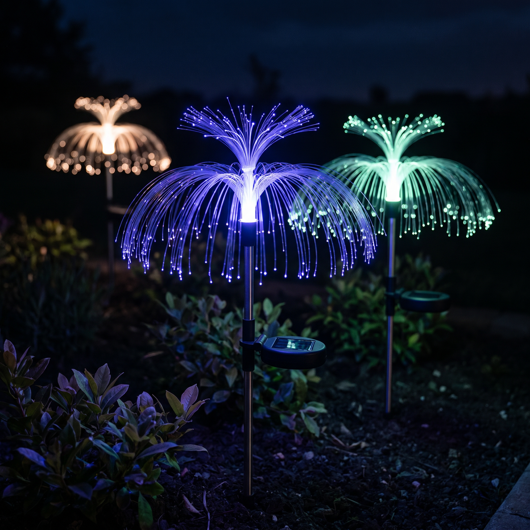 Solar jellyfish garden light glowing violet in a flower bed at night