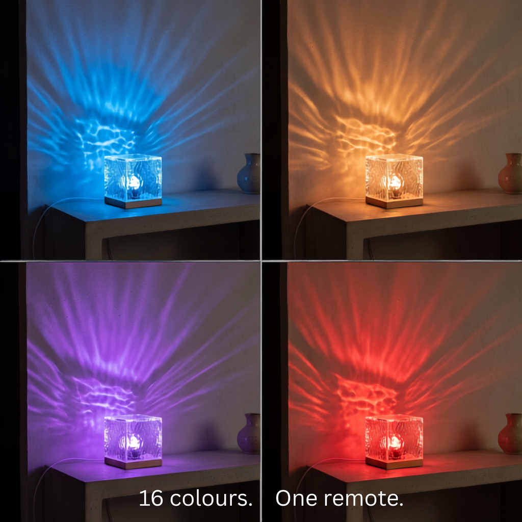 Aurora Cube water ripple lamp shown in blue, amber, purple and red from its 16 colours, all set by one remote
