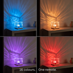 Aurora Cube water ripple lamp shown in blue, amber, purple and red from its 16 colours, all set by one remote