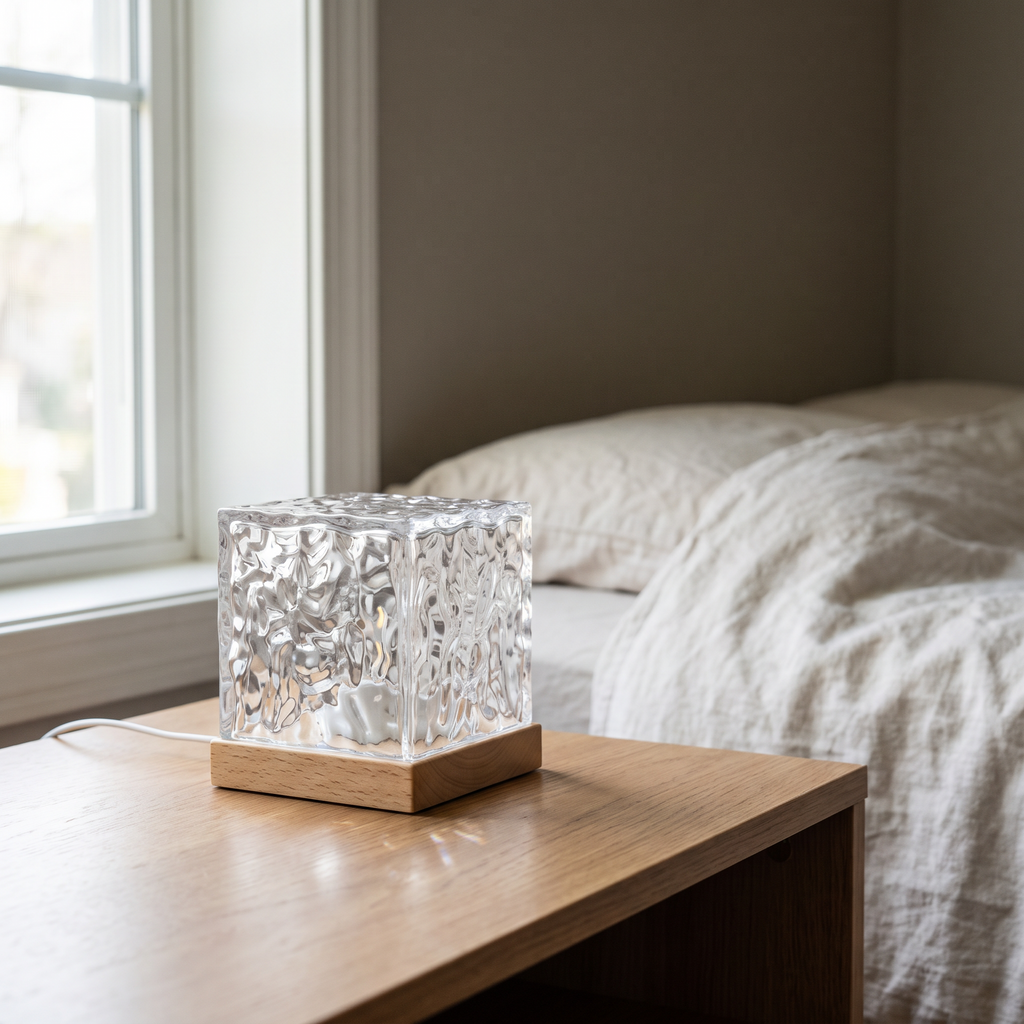 Two Aurora Cube lamps switched off on a bedside table in daylight, showing the clear ripple-cut acrylic and wood base