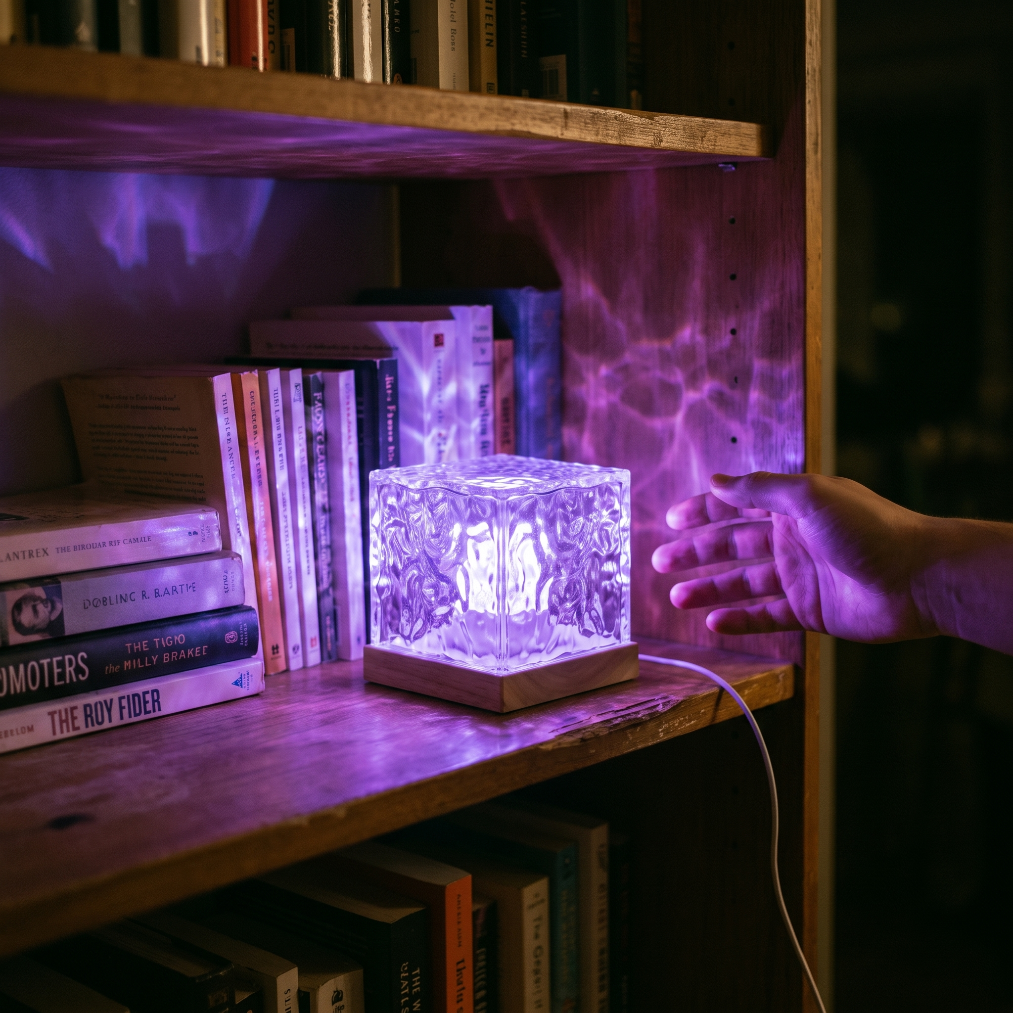 Aurora Cube lamp glowing purple on a bookshelf as a hand reaches toward it