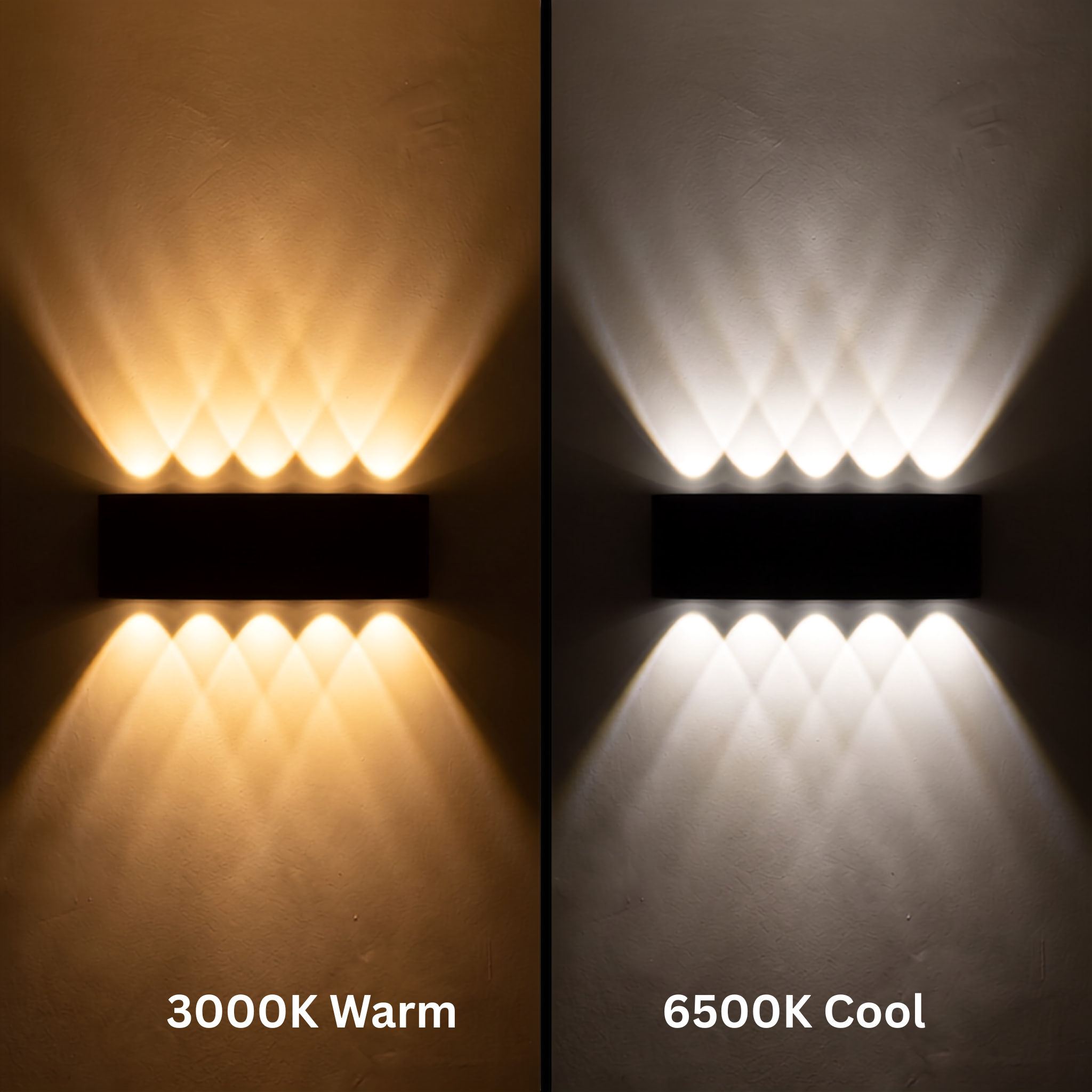 Aura Beam wall light compared side by side in 3000K warm white and 6500K cool white
