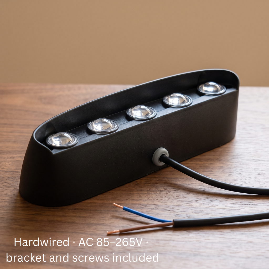 Aura Beam LED wall light on a table showing its hardwired AC 85-265V cable with mounting bracket and screws included