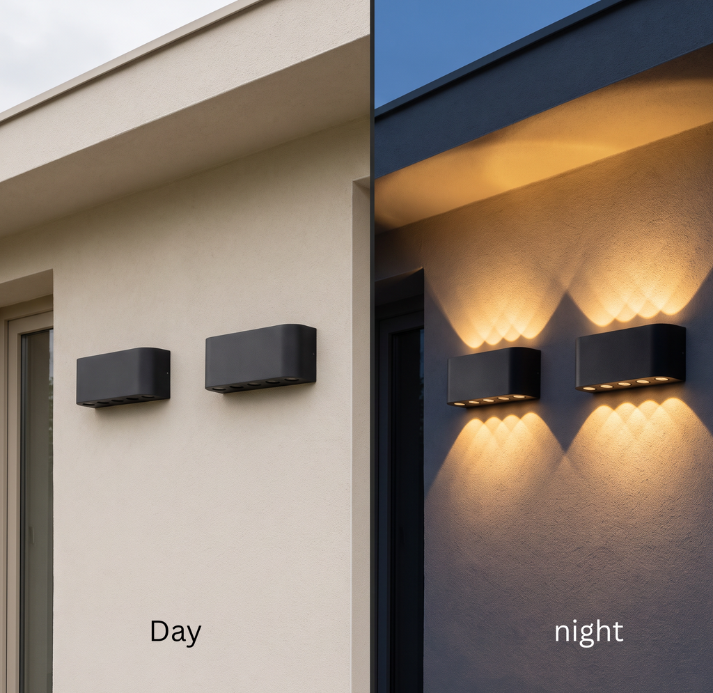 Aura Beam LED wall lights on an outdoor house wall, shown unlit in daylight and casting warm up-and-down beams at night