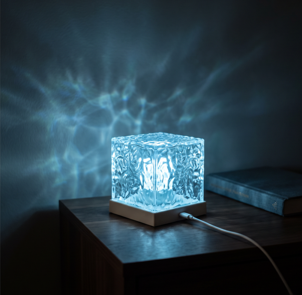 Aurora Cube ambient lamp casting blue water ripple patterns across a dark bedroom nightstand