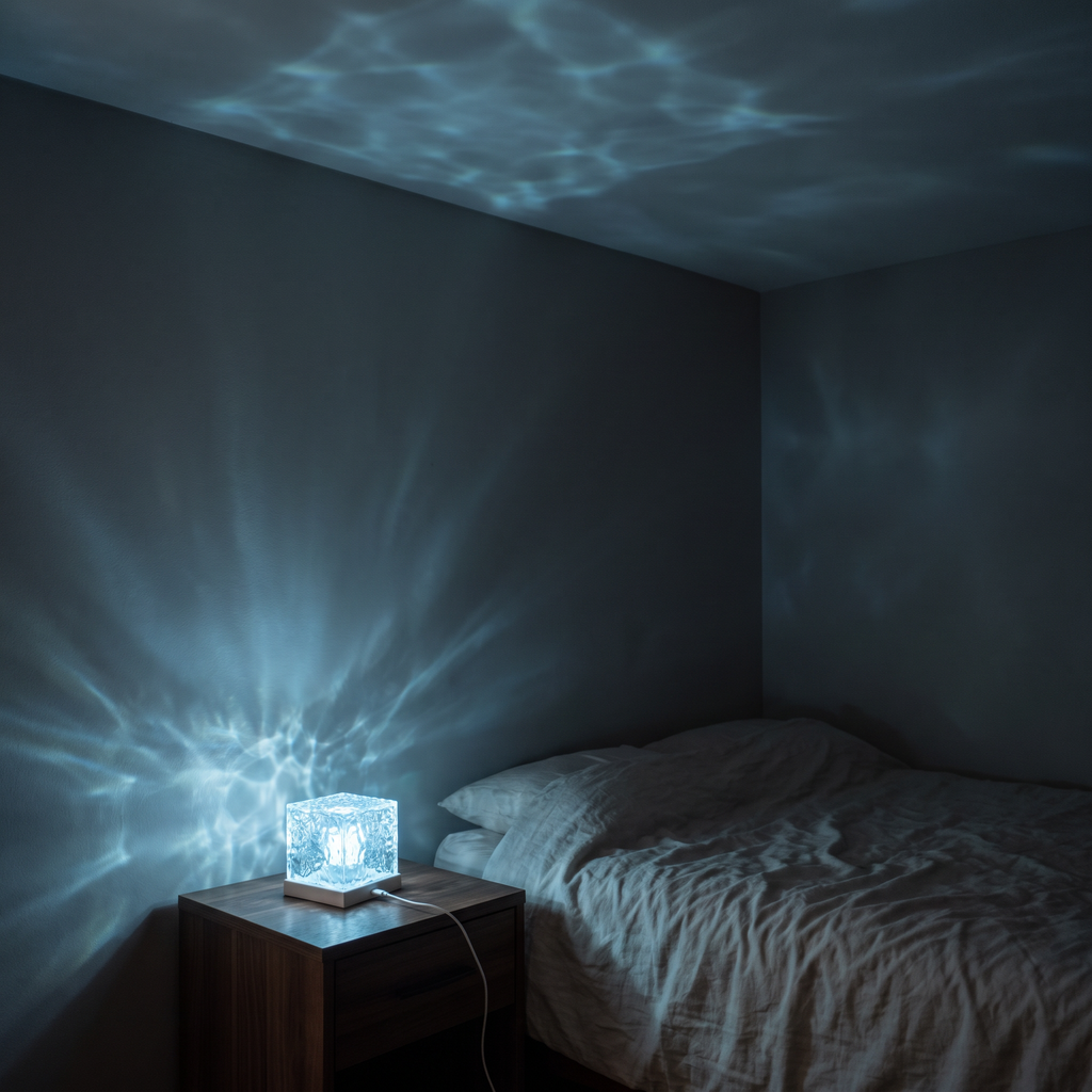 Aurora Cube water ripple lamp throwing blue rippling light across a bedroom ceiling and walls at night