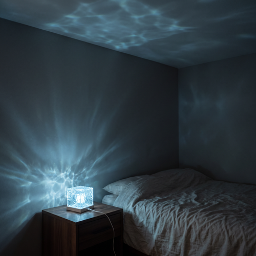 Aurora Cube water ripple lamp throwing blue rippling light across a bedroom ceiling and walls at night