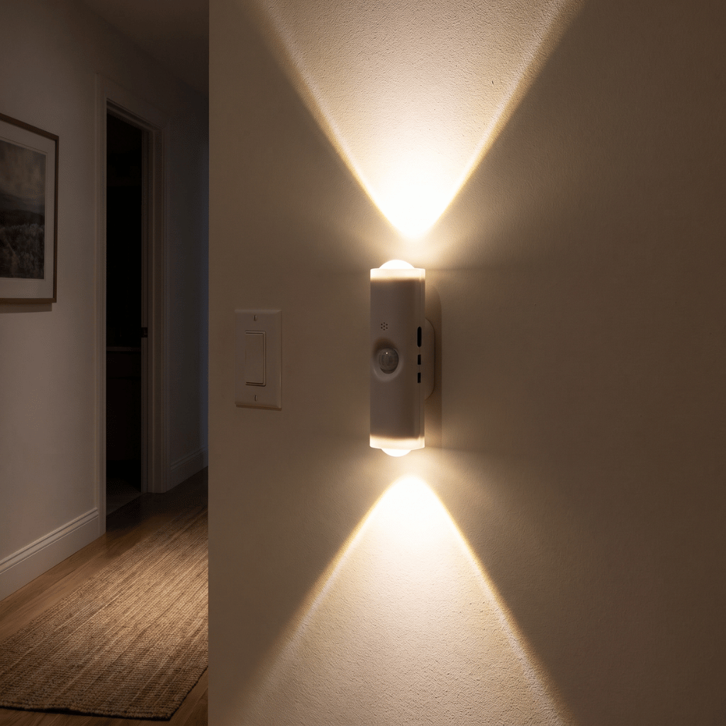 HaloBeam motion sensor wall light casting warm white up-and-down beams in a hallway