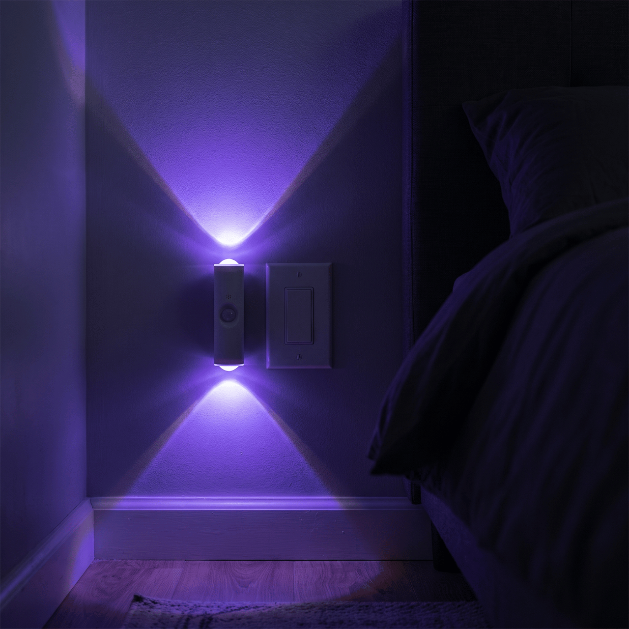 HaloBeam RGB wall light throwing purple up-and-down beams in a dark bedroom hallway