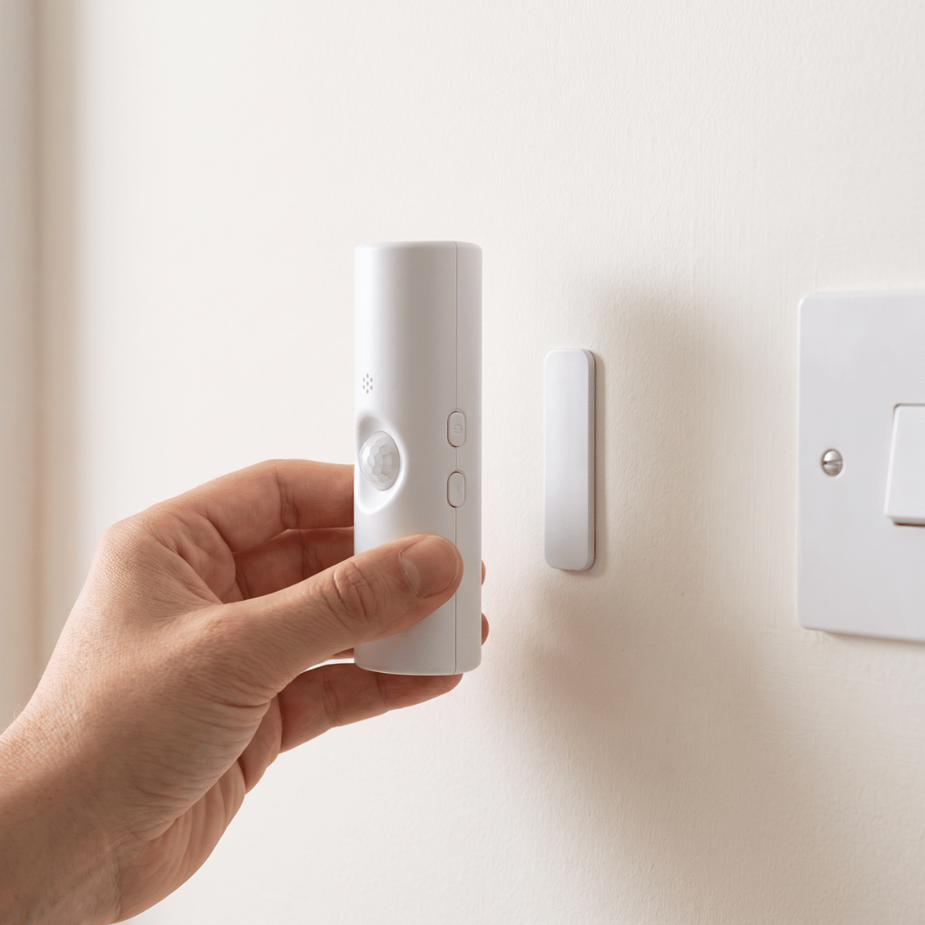 A hand sticking the HaloBeam wall light onto its magnetic mount beside a light switch, no wiring needed