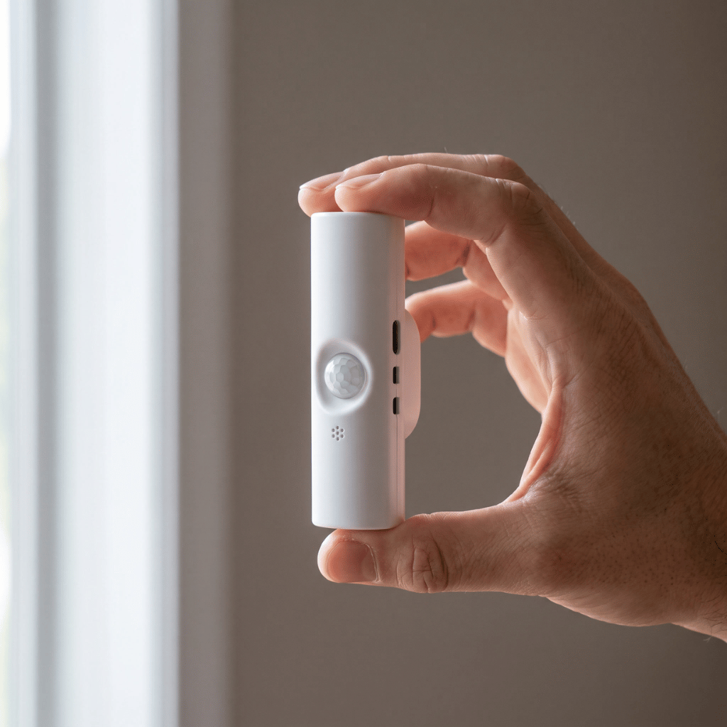 A hand holding the white HaloBeam wall light, showing how small the magnetic unit is