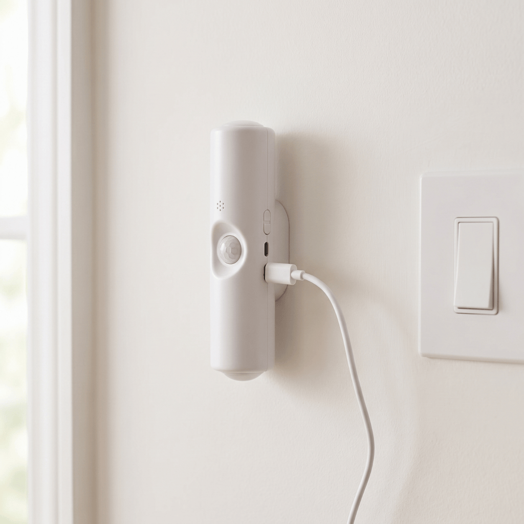 HaloBeam wall light on a white wall with its USB charging cable plugged in beside a light switch