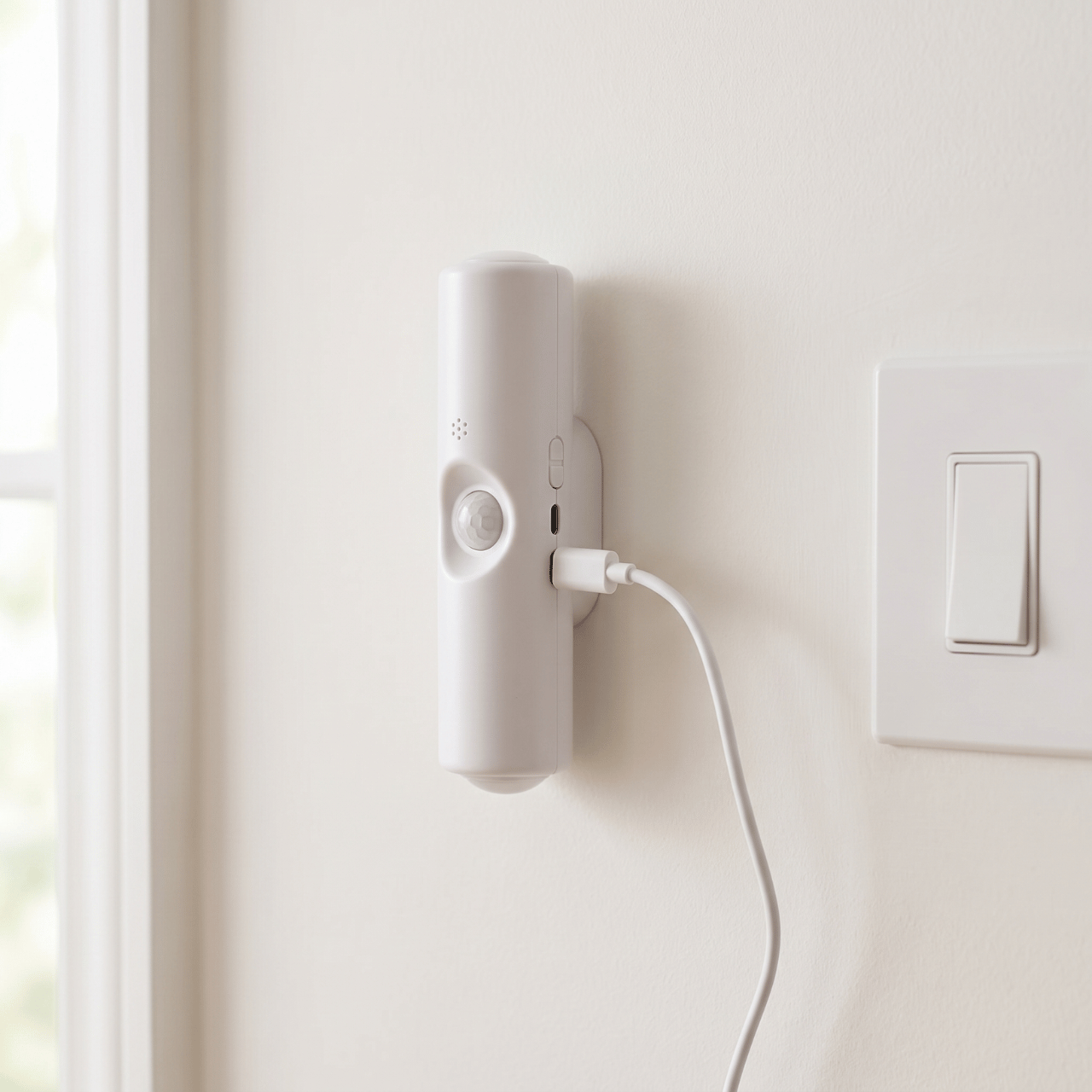 HaloBeam wall light on a white wall with its USB charging cable plugged in beside a light switch