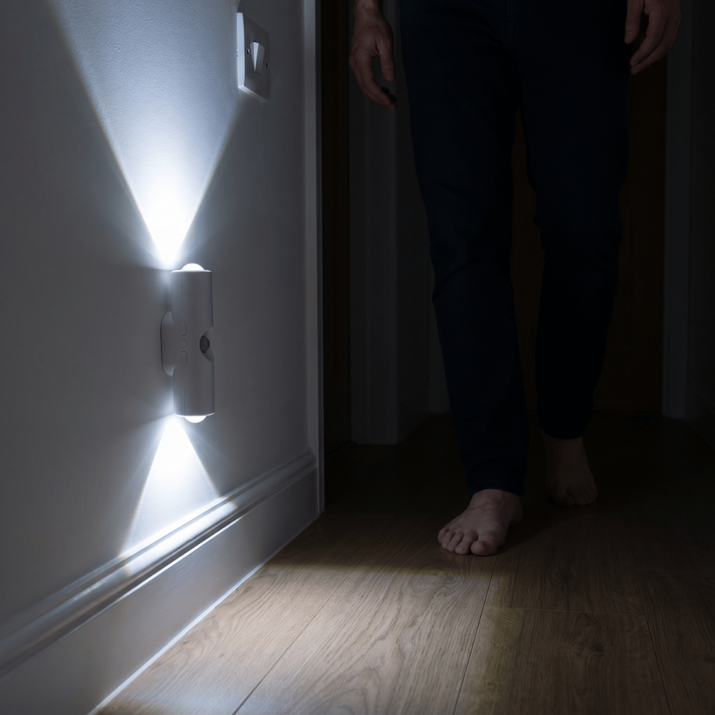 HaloBeam motion sensor light switching on with cool white beams as someone walks barefoot down a dark hallway