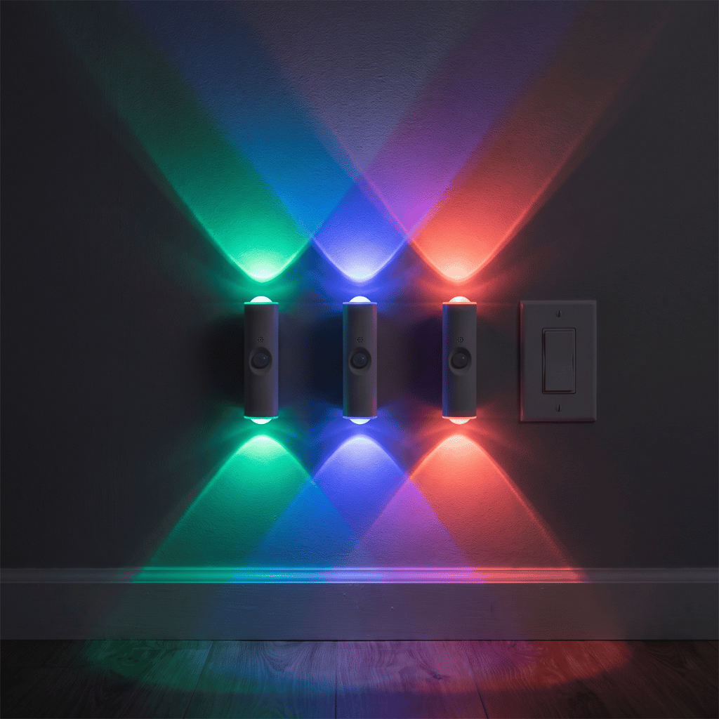Three HaloBeam wall lights glowing green, blue and red on a wall in RGB colour mode