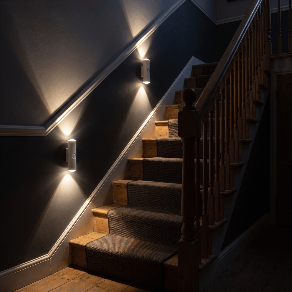 Two HaloBeam wall lights lighting a staircase and bannister at night