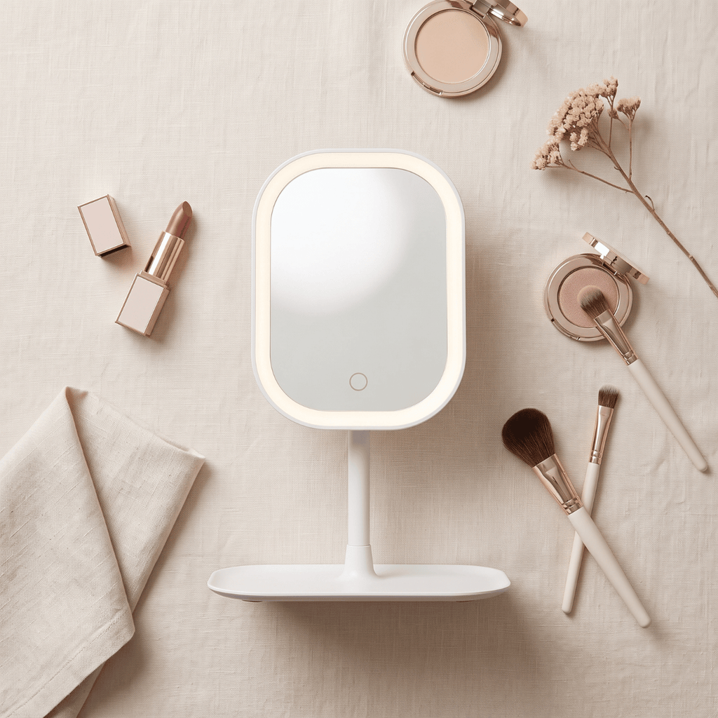Overhead flat lay of the GlowVanity makeup mirror surrounded by brushes, a compact and a folded cloth