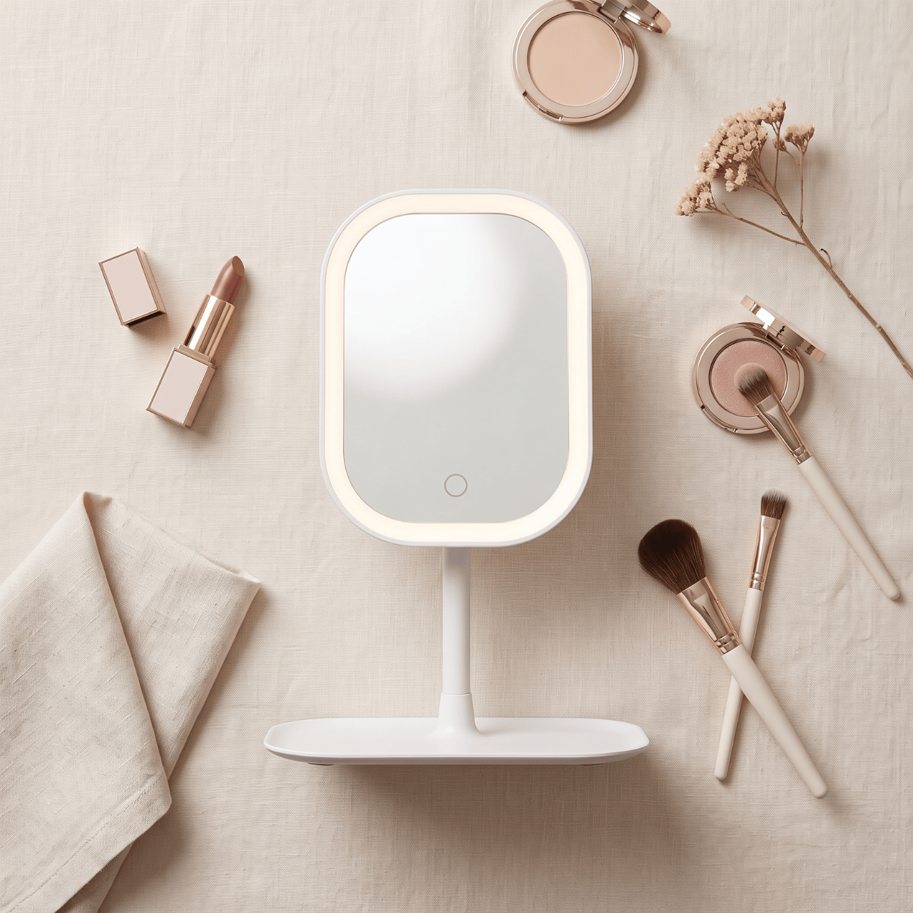Overhead flat lay of the GlowVanity makeup mirror surrounded by brushes, a compact and a folded cloth