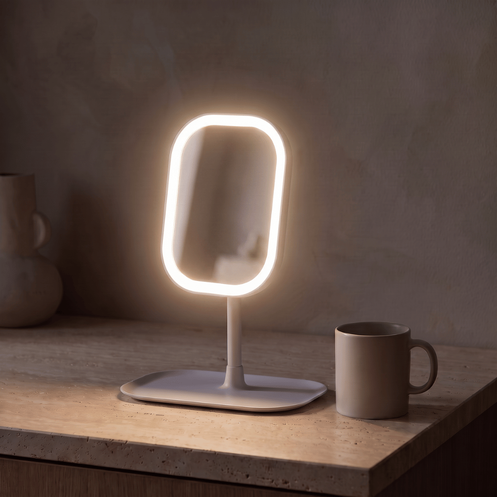 GlowVanity lighted vanity mirror glowing on a wooden surface against a dark plaster wall