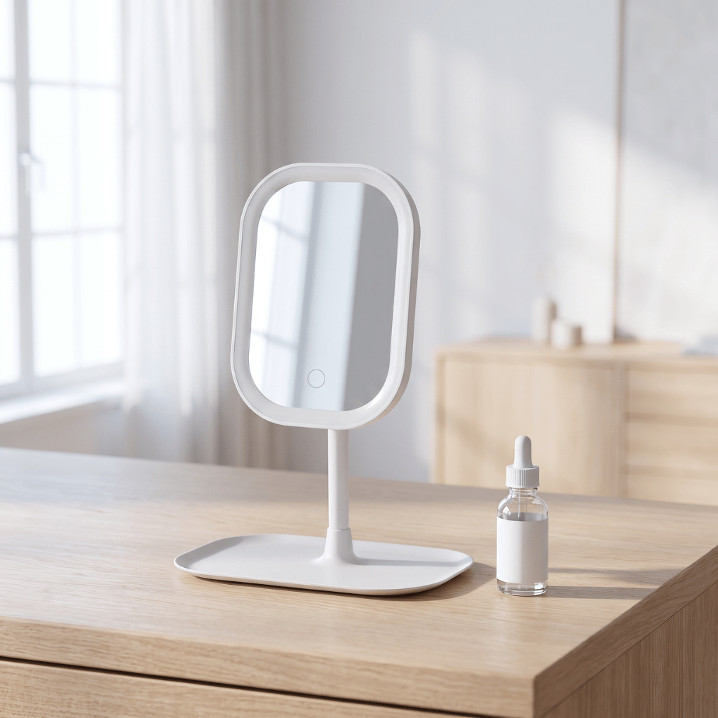 GlowVanity LED makeup mirror on a pale wood desk in bright daylight beside a serum bottle