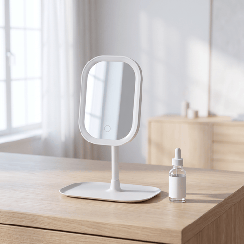 GlowVanity LED makeup mirror on a pale wood desk in bright daylight beside a serum bottle