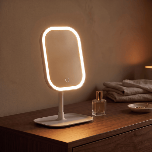 GlowVanity LED makeup mirror glowing warm white on a wooden dresser beside perfume bottles