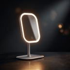 GlowVanity LED makeup mirror lit warm white against a dark background, showing the full ring of light