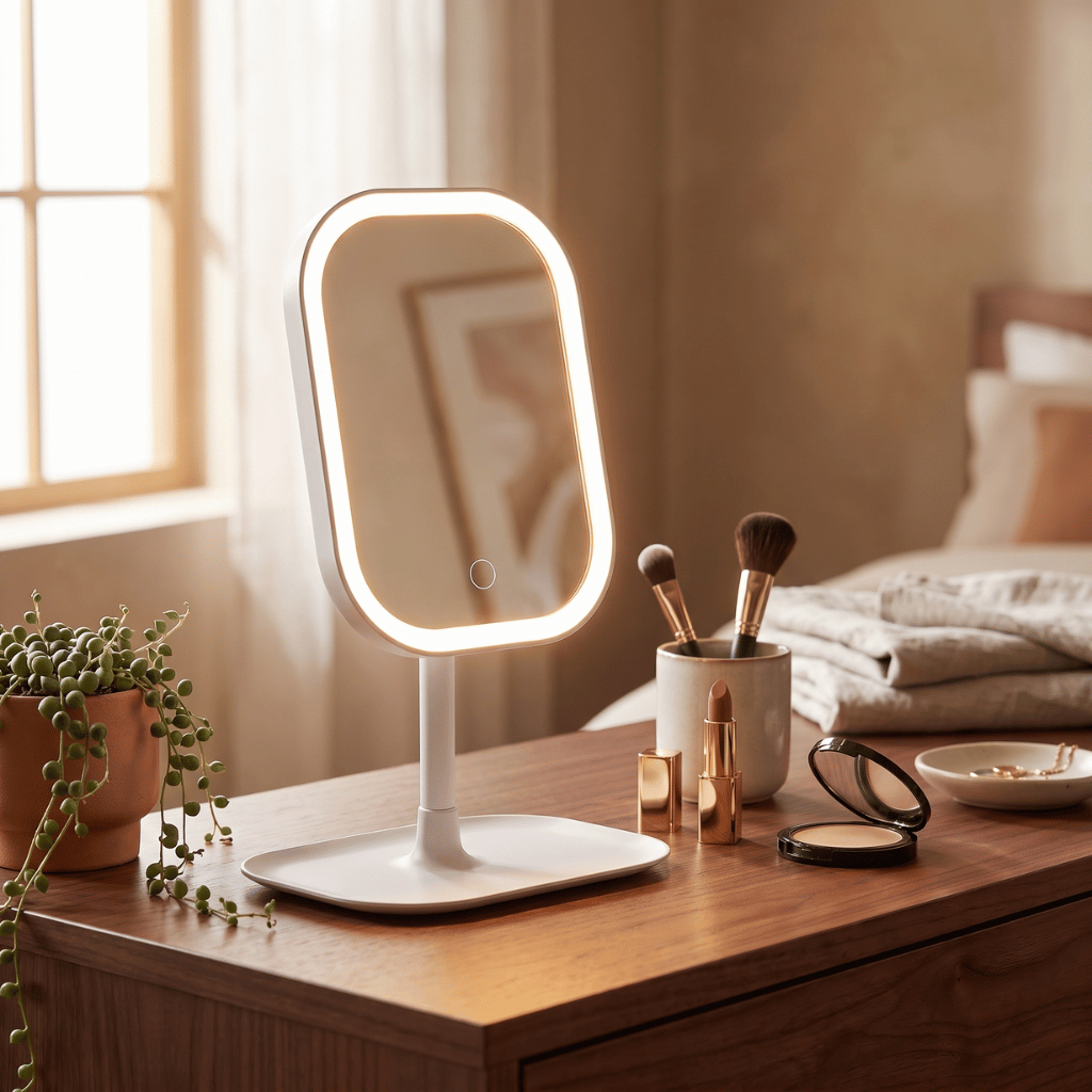 GlowVanity LED makeup mirror on a bedroom dresser beside a cup of makeup brushes and a trailing plant