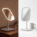 GlowVanity mirror shown lit with warm light on a dresser and unlit against a white background