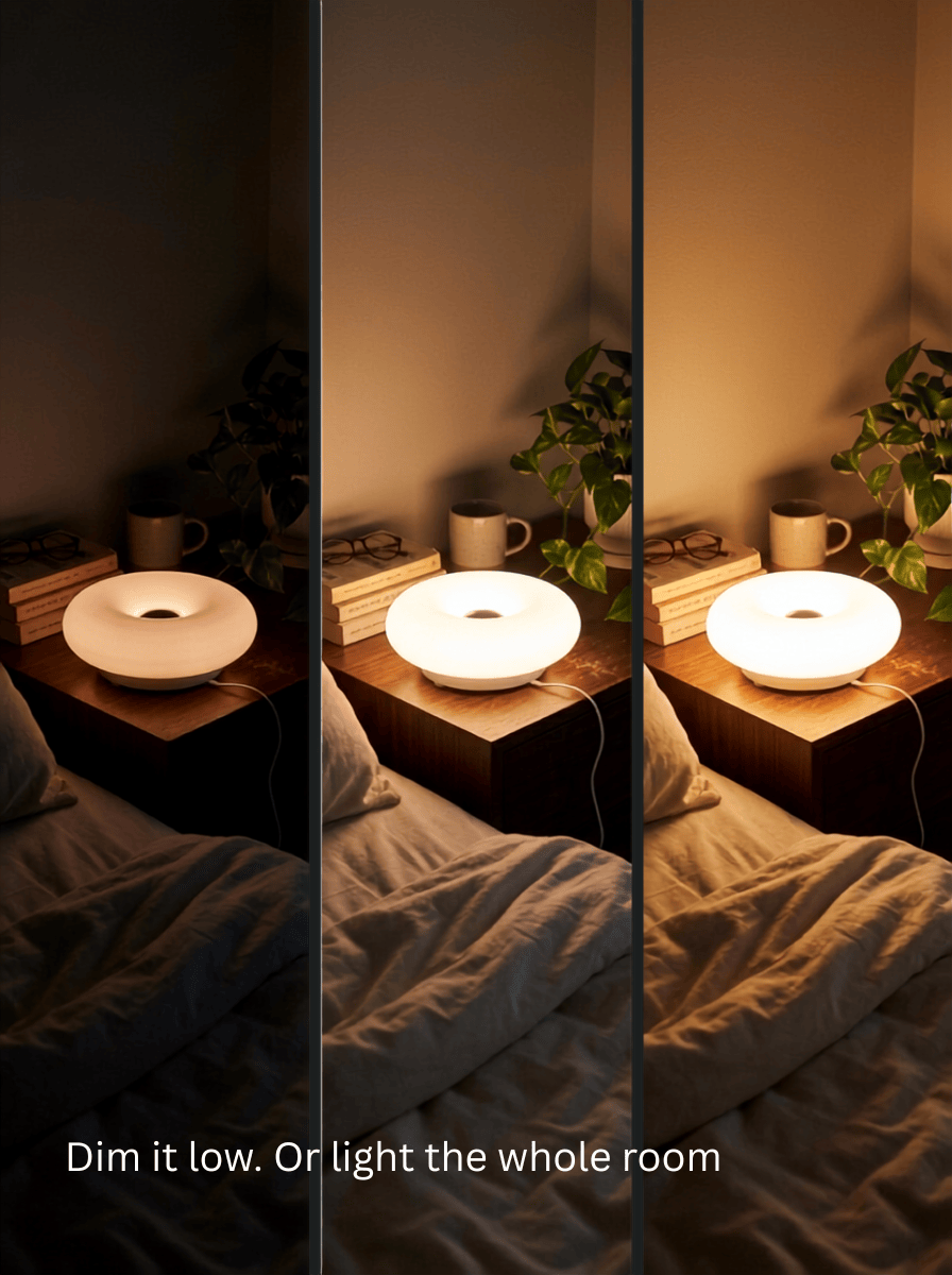 Halo donut lamp shown at three brightness levels, from a low dim glow to lighting the whole room