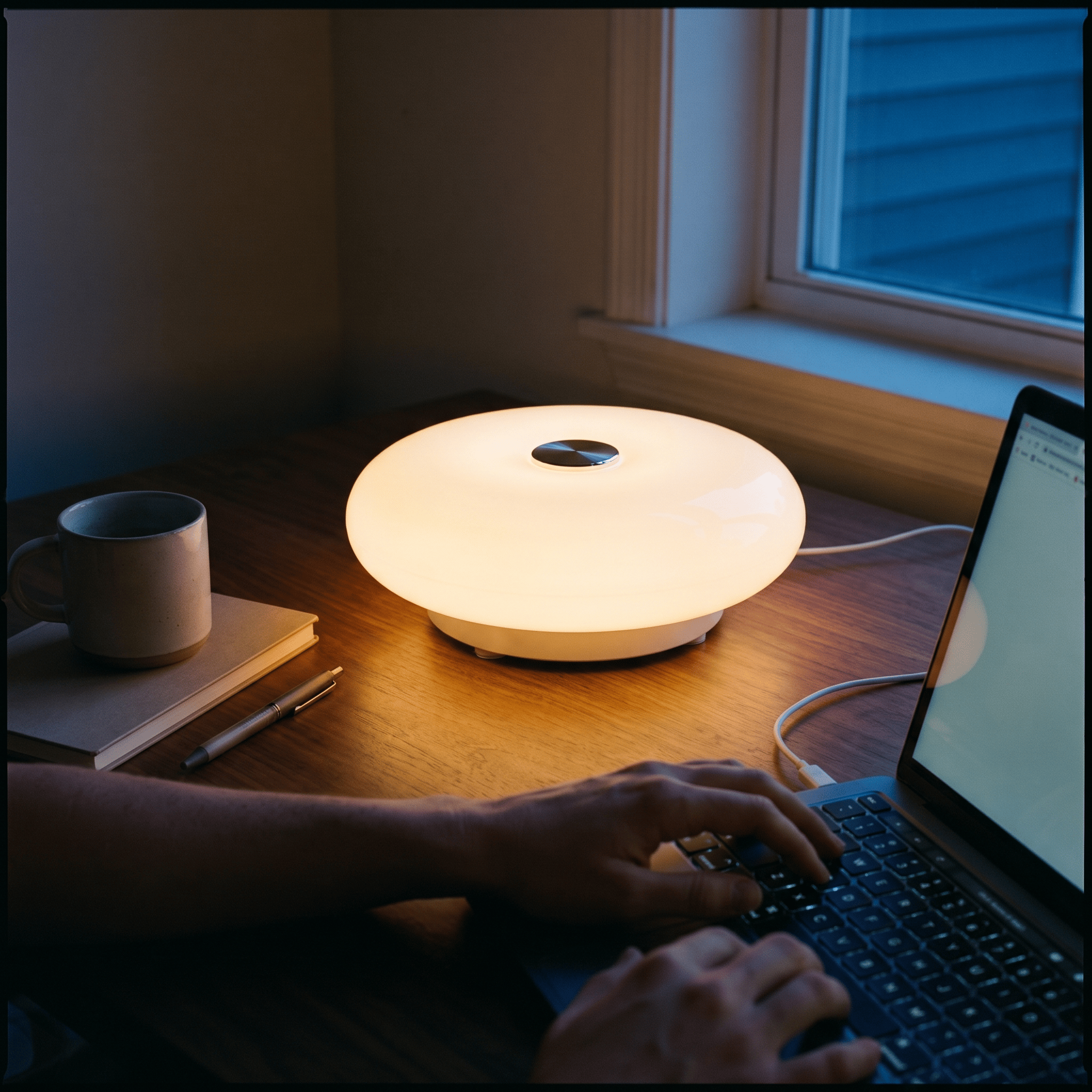 Halo donut lamp lighting a desk at night beside a laptop and mug as someone types