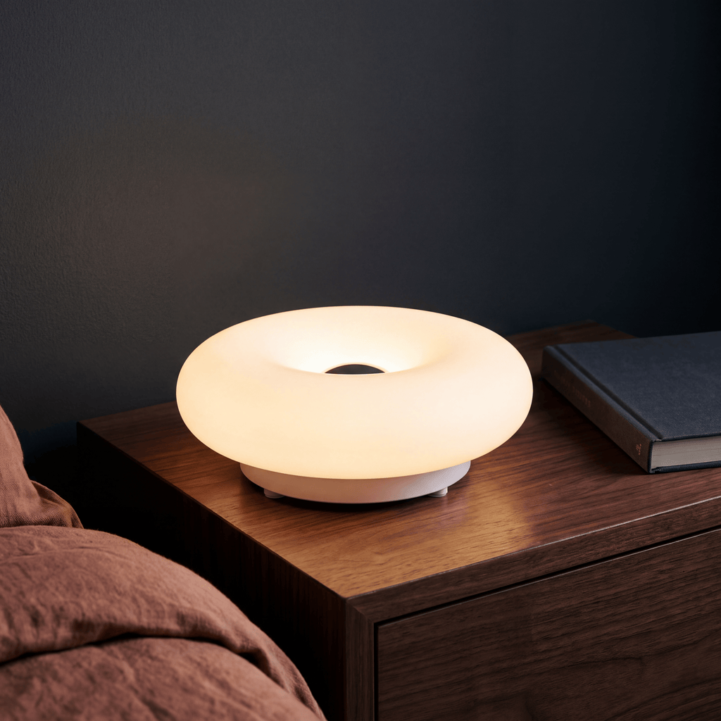 Halo Bauhaus donut lamp glowing warm on a wooden nightstand beside a bed and stacked books