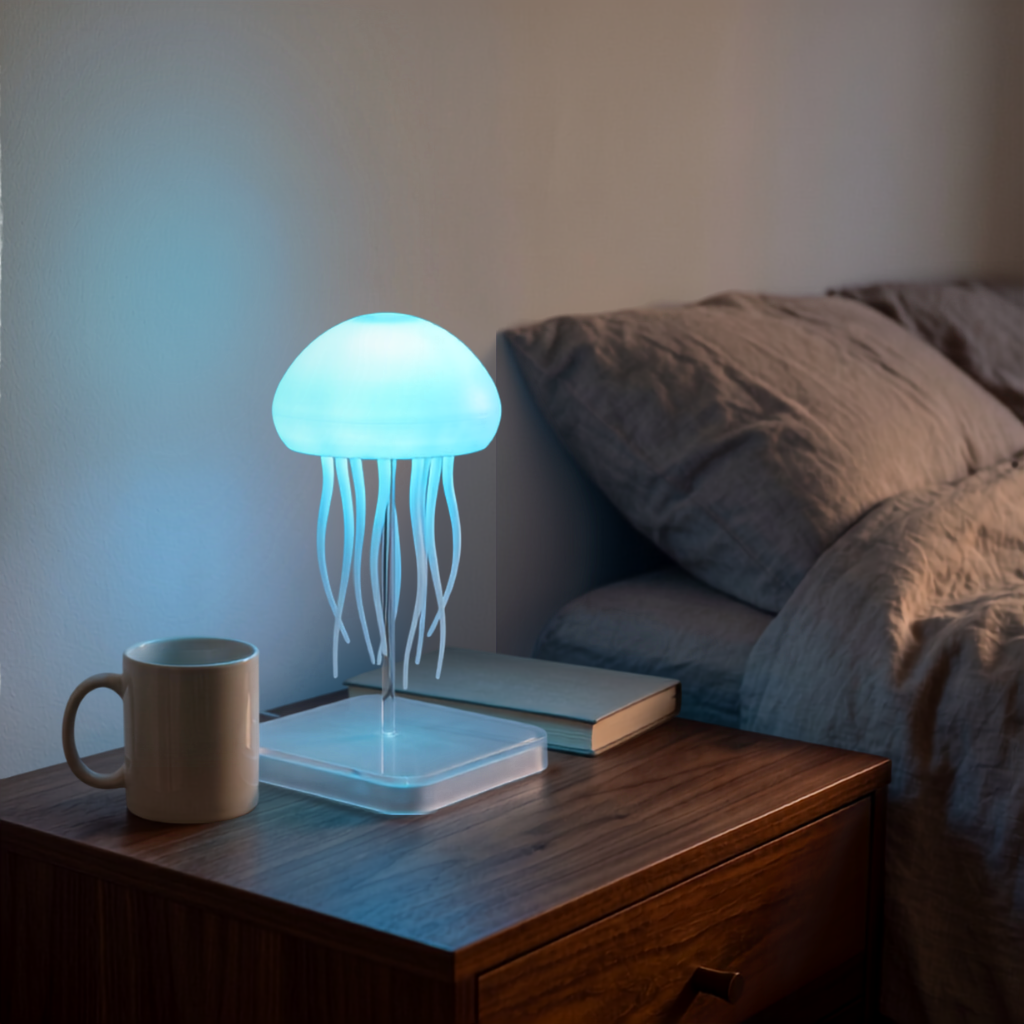 Jelly jellyfish lamp glowing blue on a wooden side table beside a sofa, mug and book
