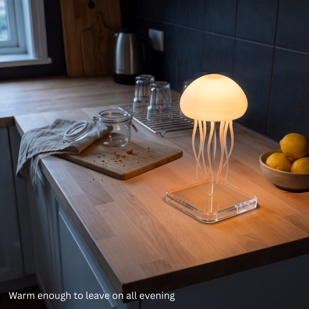 Jelly jellyfish lamp glowing warm amber on a kitchen counter, gentle enough to leave on all evening