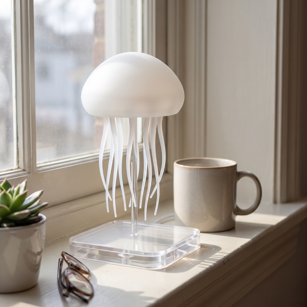 Jelly jellyfish lamp switched off on a sunlit windowsill beside a mug, plant and glasses