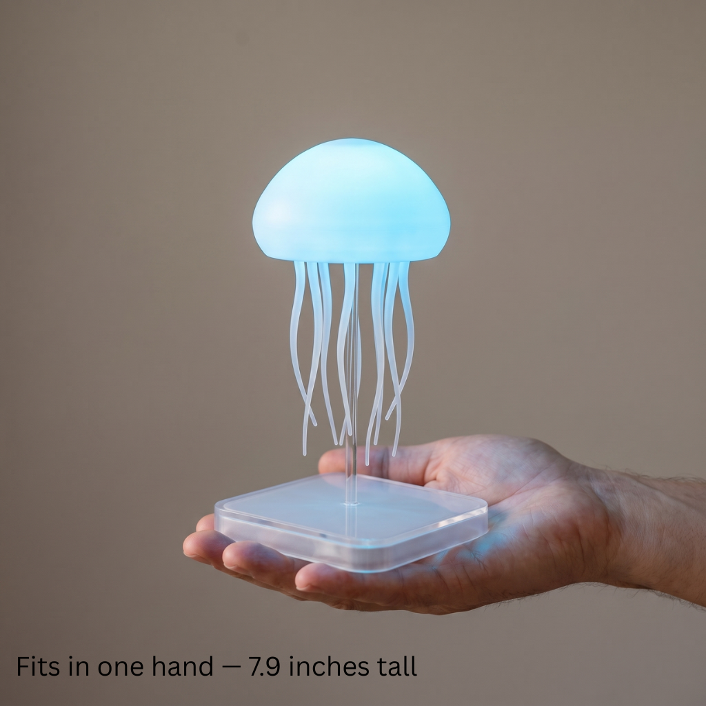 Jelly jellyfish lamp held in one hand, showing its 7.9 inch height and trailing tentacles