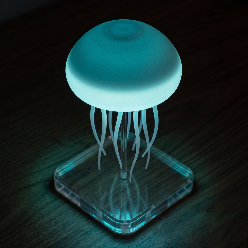 Jelly jellyfish lamp glowing teal against a dark background, showing the lit acrylic base