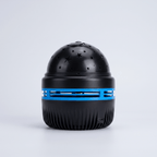 Starlull starry sky projector on a white background, showing the black star-cut dome and blue vented body