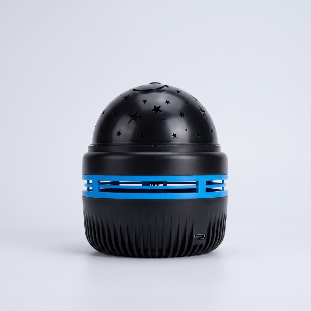 Starlull starry sky projector on a white background, showing the black star-cut dome and blue vented body