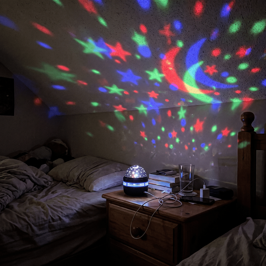 Starlull projector covering an attic bedroom ceiling and walls with multicoloured stars and moons