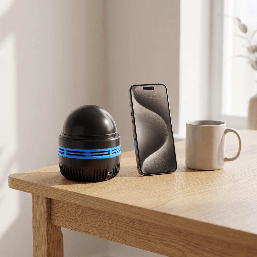 Starlull projector beside a phone and mug on a table edge, showing its palm-sized 8.5 cm body
