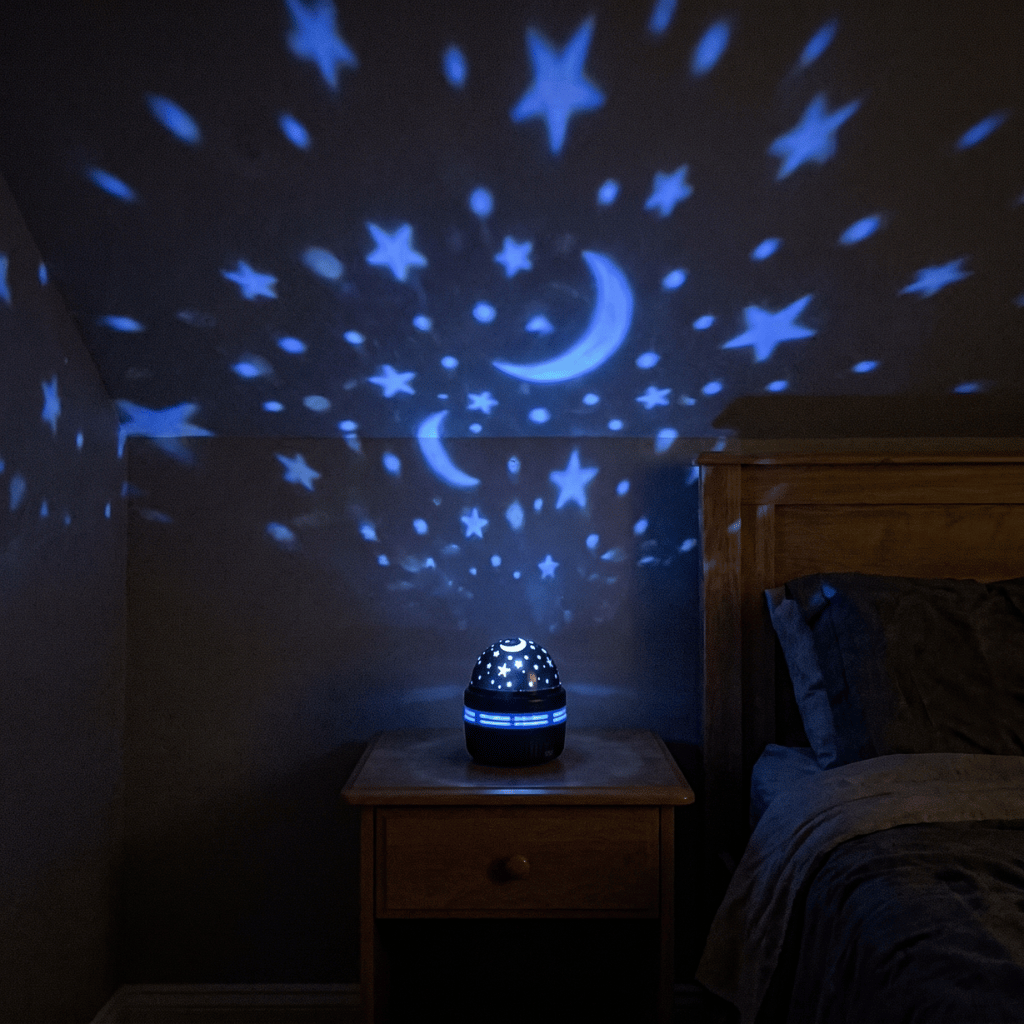 Starlull projector casting blue stars and moons across a bedroom wall and ceiling at night