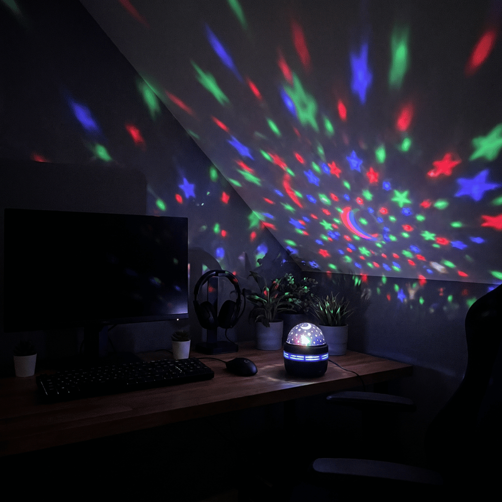 Starlull projector throwing red, green and blue dots across a desk setup with a monitor and keyboard