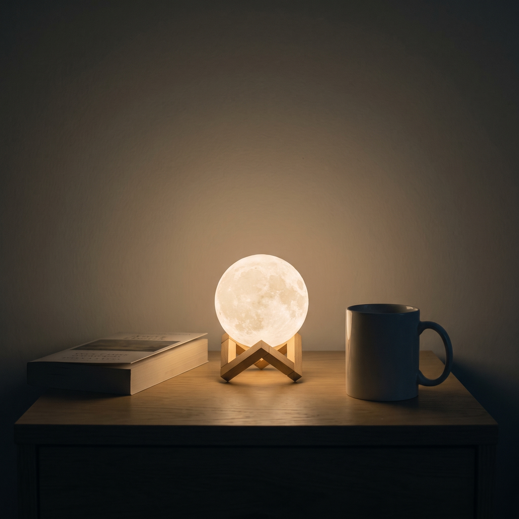 Luna 3D moon lamp glowing warm on its wooden stand on a dark bedside table beside books and a mug