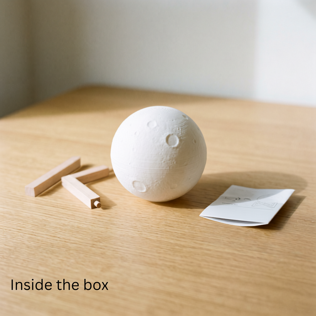 Luna moon lamp switched off on a wooden table with the flat-pack wooden stand pieces included in the box