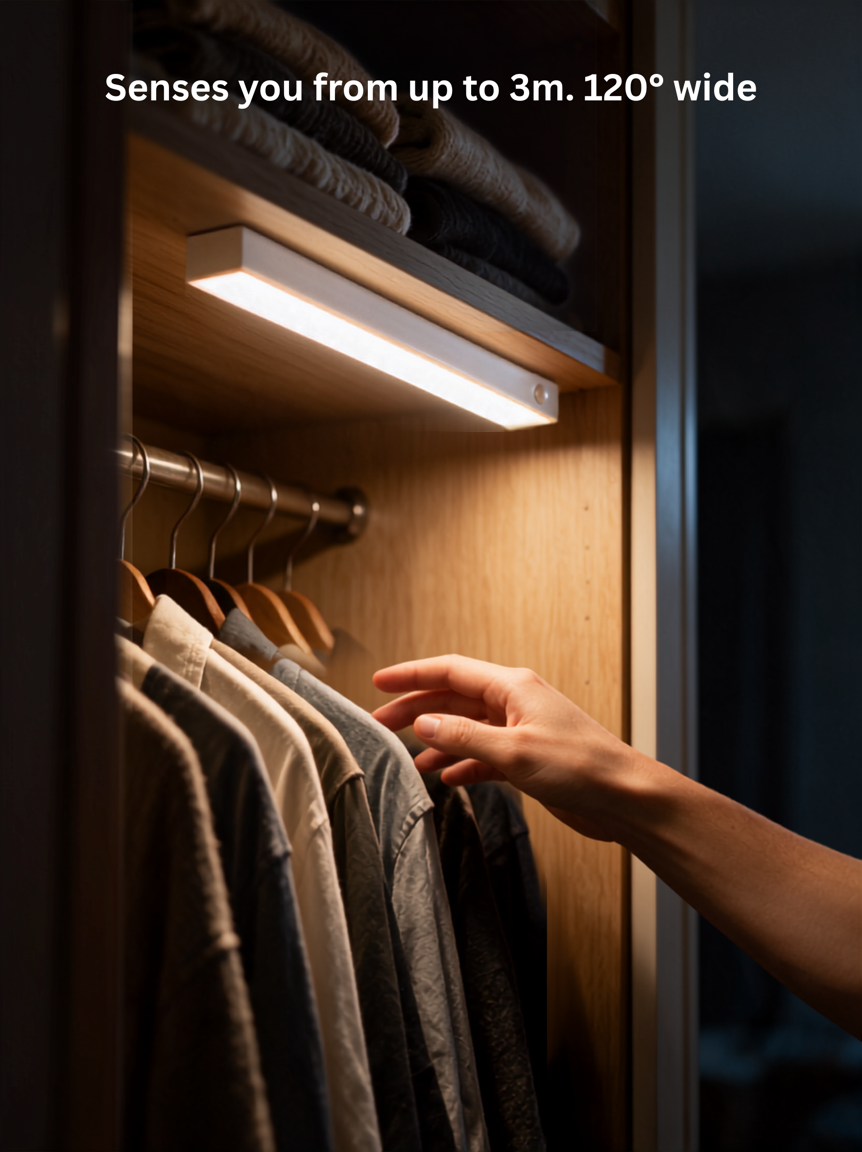 Nook Light bar lighting hanging shirts inside a wardrobe as a hand reaches in, sensing movement up to 3 m across a 120 degree spread