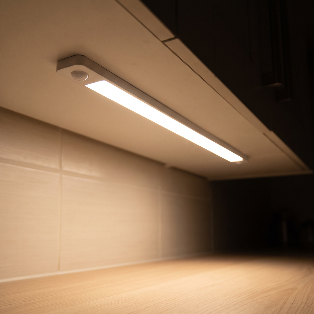 Nook Light motion sensor bar casting warm light under a kitchen cabinet onto the counter
