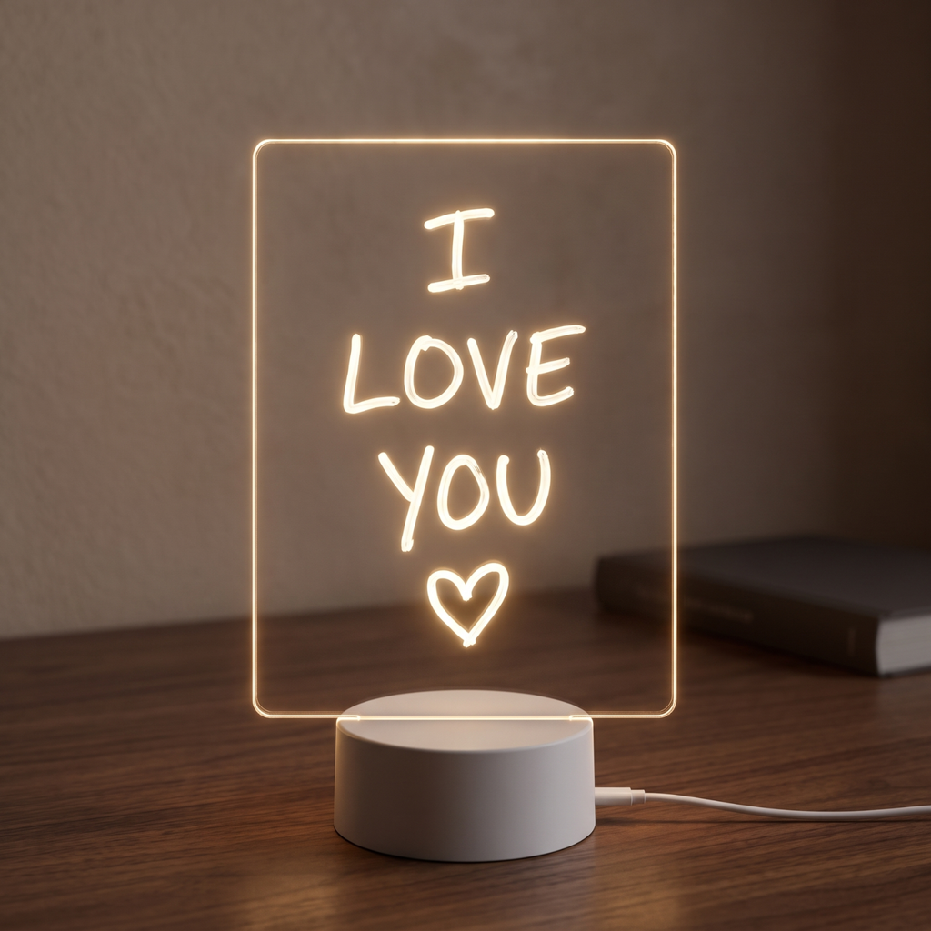 NoteGlow acrylic LED message board on its round base with I love you handwritten in glowing letters