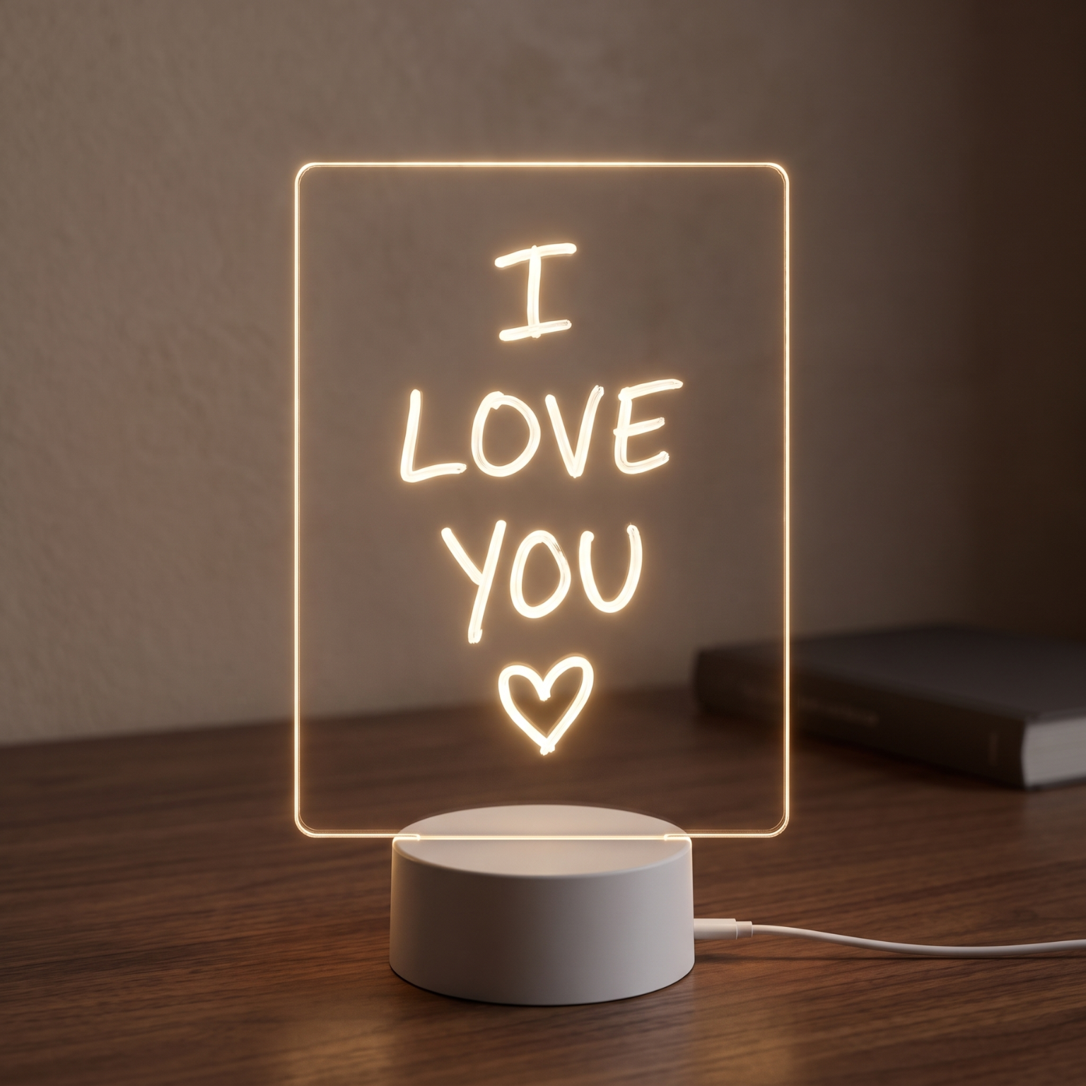 NoteGlow acrylic LED message board on its round base with I love you handwritten in glowing letters